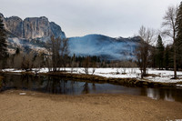 Yosemite Falls and Merced River with smoke