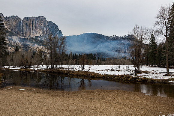 Yosemite Falls and Merced River with smoke