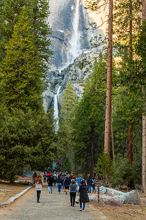 Crowds approach Yosemite Falls
