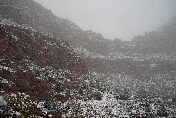 Snowy day in Sedona near Chapel