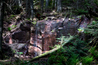 Mini falls over red rock