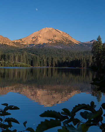 Mt. Lassen and moon over lake Manzanita