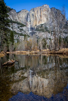 Upper Yosemite falls and reflection in Merced River