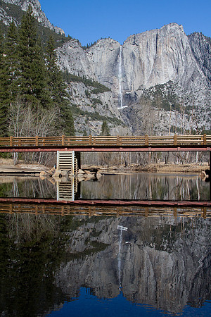 Upper Yosemite falls and reflection over Swinging Bridge