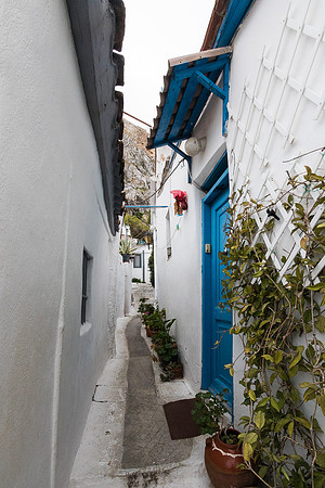 Narrow street in Anafiotika area of Athens, Greece