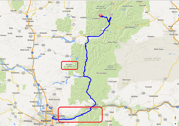 14 2015-09-29a Map - Portland to Mt; St. Helens