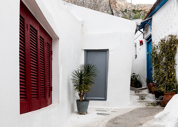 Red, Gray, Blue doors.  Anafiotika Area of Athens Greece
