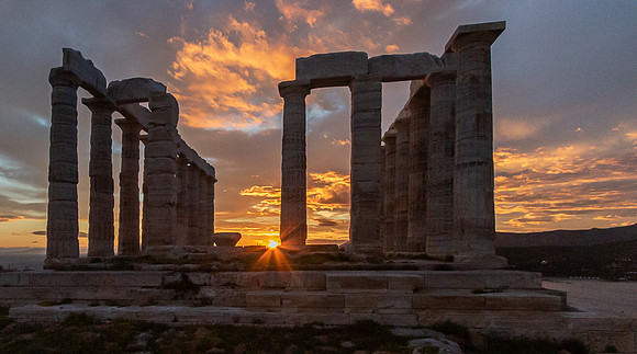 Temple of Poseidon with setting sun