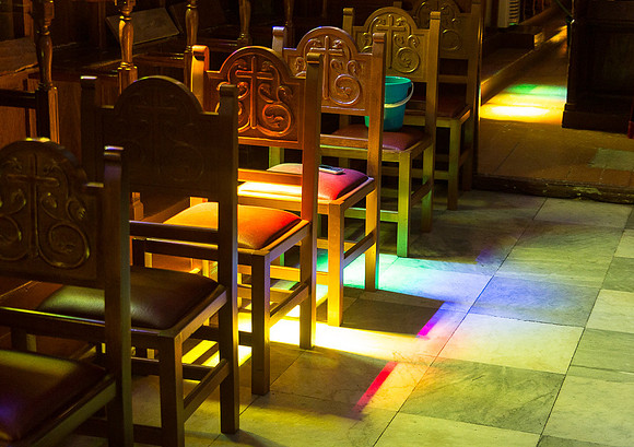 Stained glass colors on chairs Saint Nicholas Church, Ermoupoli
