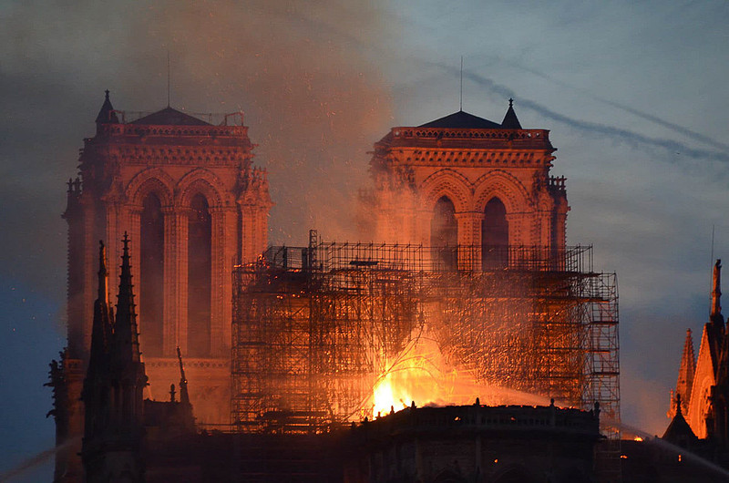 Notre-Dame cathedral in Paris on fire in April 2019